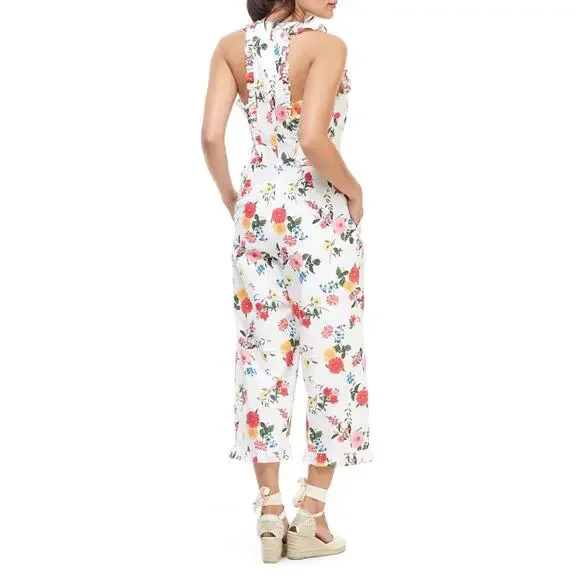 Gal Meets Glam Beverly Ruffle Floral Cotton Wide Leg Jumpsuit White Women’s 4 - Picture 3 of 16